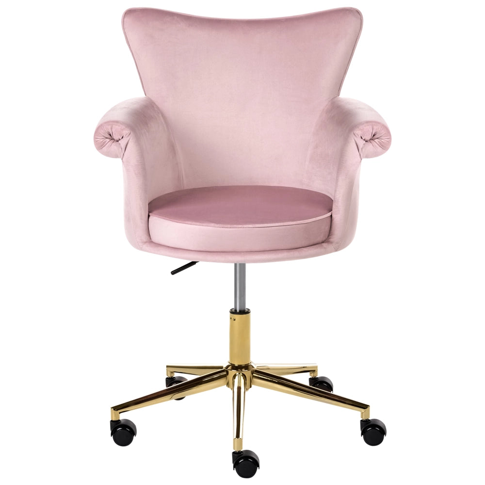 Sedia da ufficio in velluto rosa pastello con meccanismo a gas regolabile in altezza completamente girevole braccioli arrotondati stile moderno
