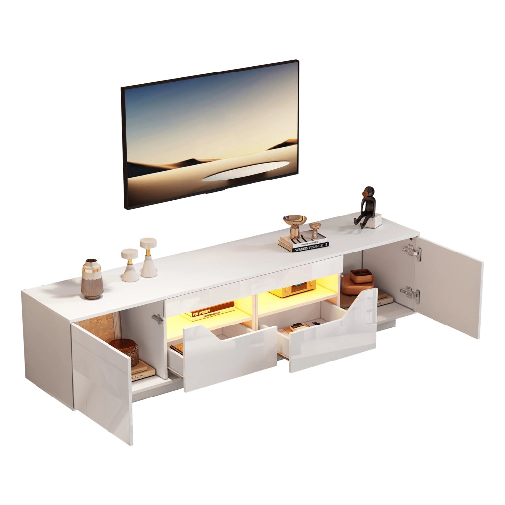 Mobile TV da Terra con 2 Ante; 2 Cassetti e LED; Frontale Lucido; per Soggiorno; 180??40??45 cm; in Truciolare; Bianco