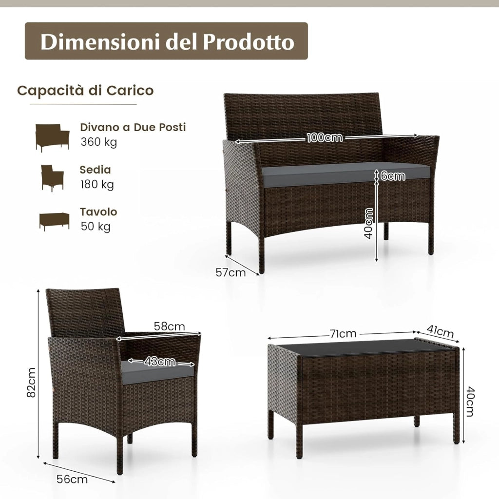 Set di Salotto da Giardino in Rattan 4 Pezzi, Set Mobili da Esterno in Vimini con Cuscini Morbidi, Divanetto e Poltrona con Tavolo in Vetro Temperato per Giardino e Veranda (Grigio)