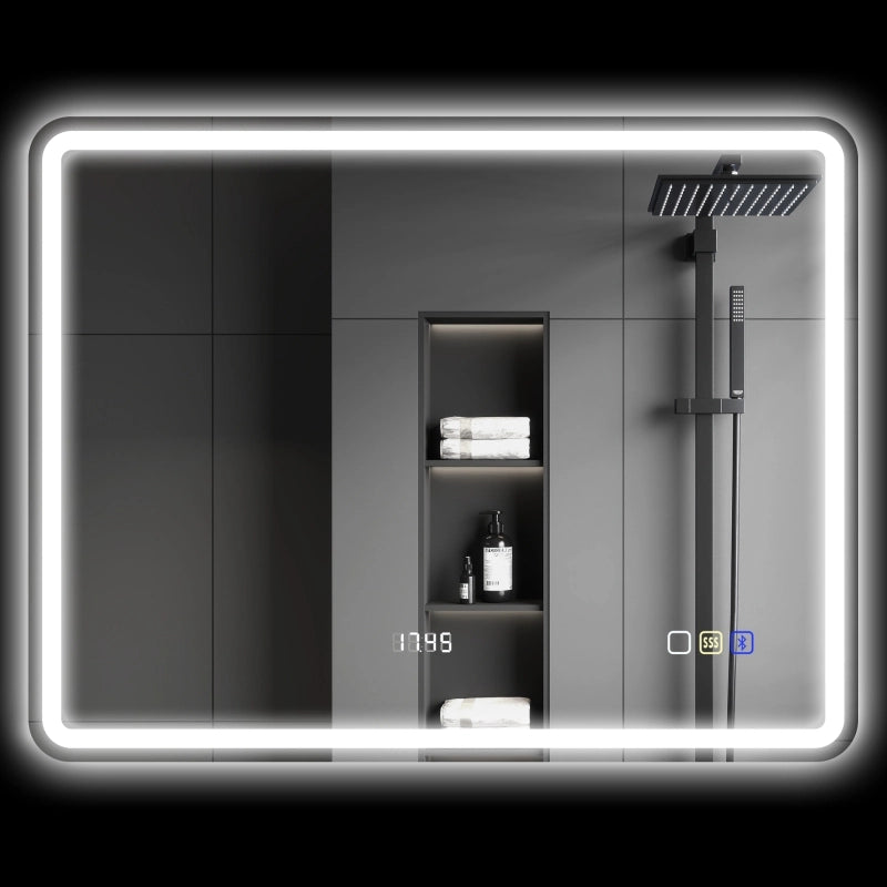 Specchio da bagno LED 70x90 cm con Bluetooth, orologio, funzione antiappannamento e touch control, argento