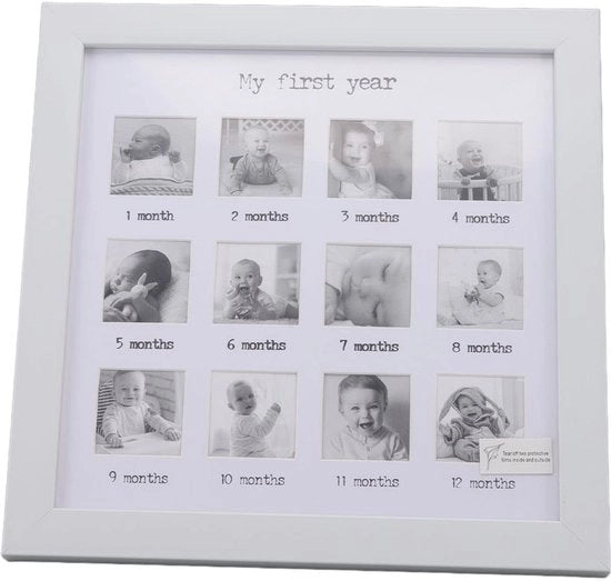 Album Fotografico per Bambini - Primo Anno - Collage Album - Registrazione del Bambino - Bianco - Pannello Spesso - Dimensioni 25x25 cm - Album del Bambino che Cresce