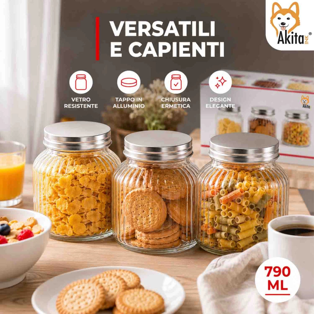 Akitaink Tris Barattoli in Vetro 790 ml con Tappo Alluminio