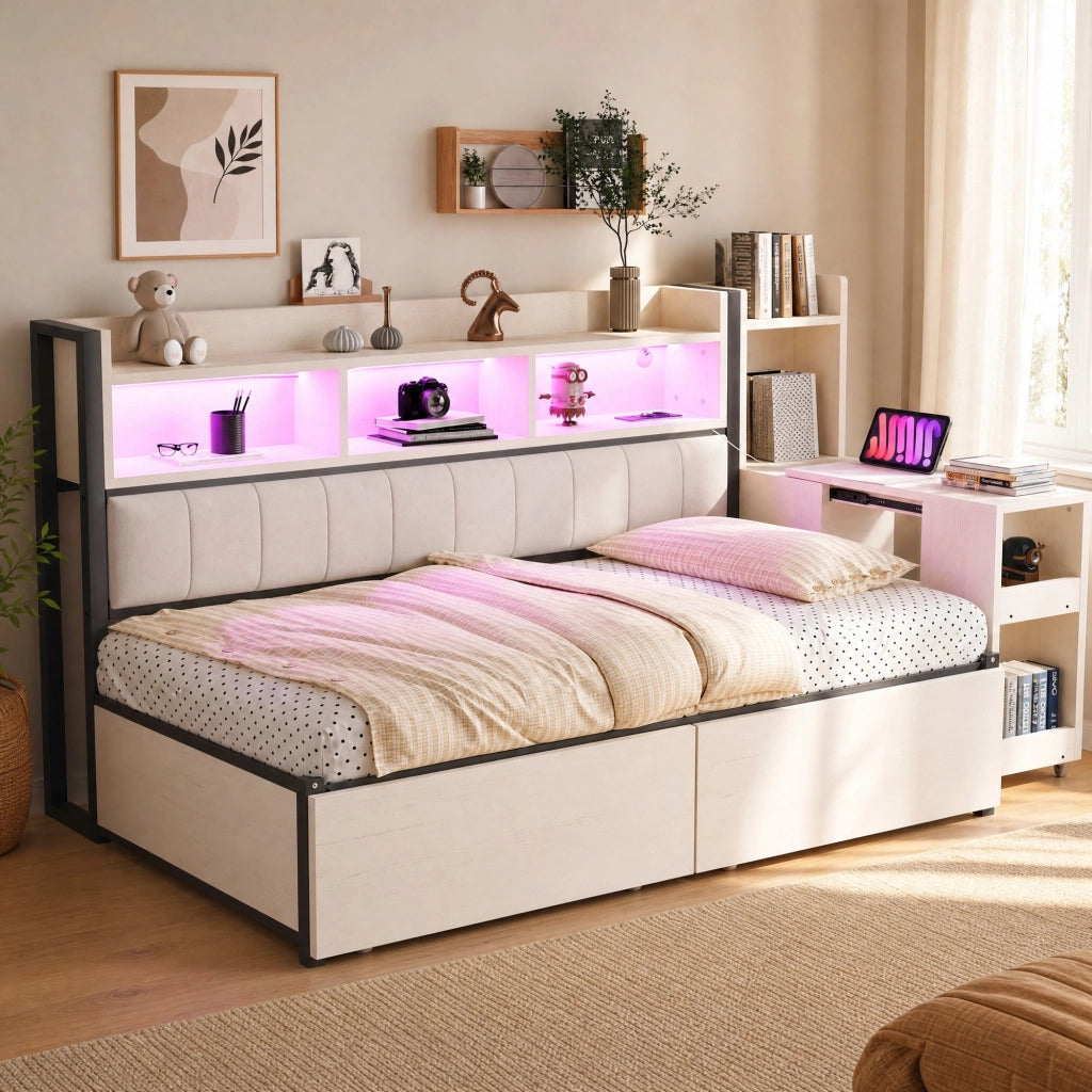 Letto singolo multifunzione 90x200 cm con scrivania mobile; contenitori e prese; bianco e legno
