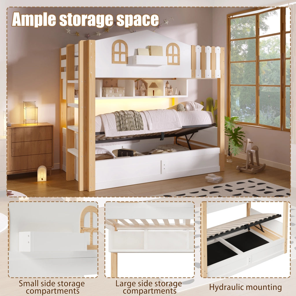 Letto a castello a casetta 90 × 200 cm con contenitore idraulico, LED, ripiani, senza materasso, bianco e naturale