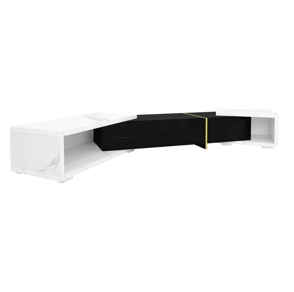 Mobile TV allungabile e girevole 140-260 cm; effetto marmo bianco e nero