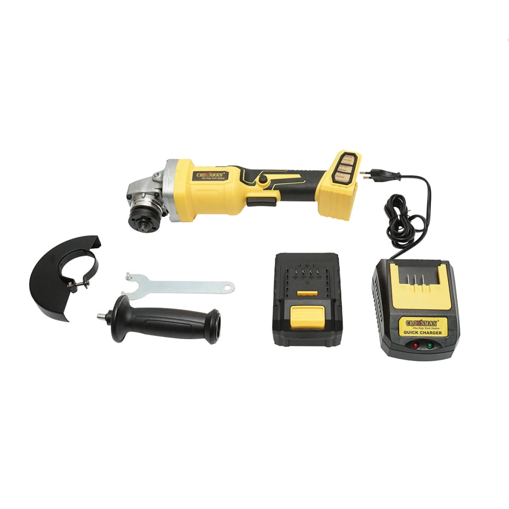 Smerigliatrice angolare con batteria al litio 21V/4Ah, motore brushless, 3 velocità, diametro disco 115mm Crownman