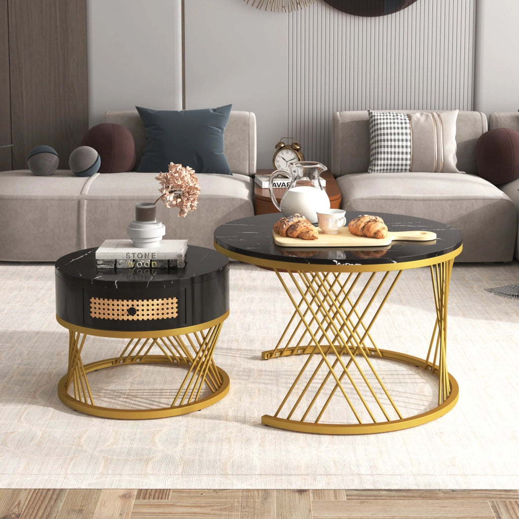 OKWISH Tavolini da Salotto Impilabili Rotondi con 1 Cassetto, Piano Effetto Marmo e Frontale in Rattan Sintetico
