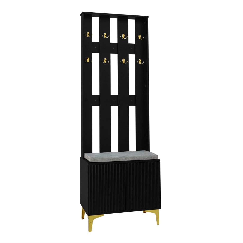 Mobile Ingresso con 2 Ante; Ripiani Regolabili e Panca Portascarpe; Push-to-Open; Nero e Oro; 60;5×35;2×180;5 cm
