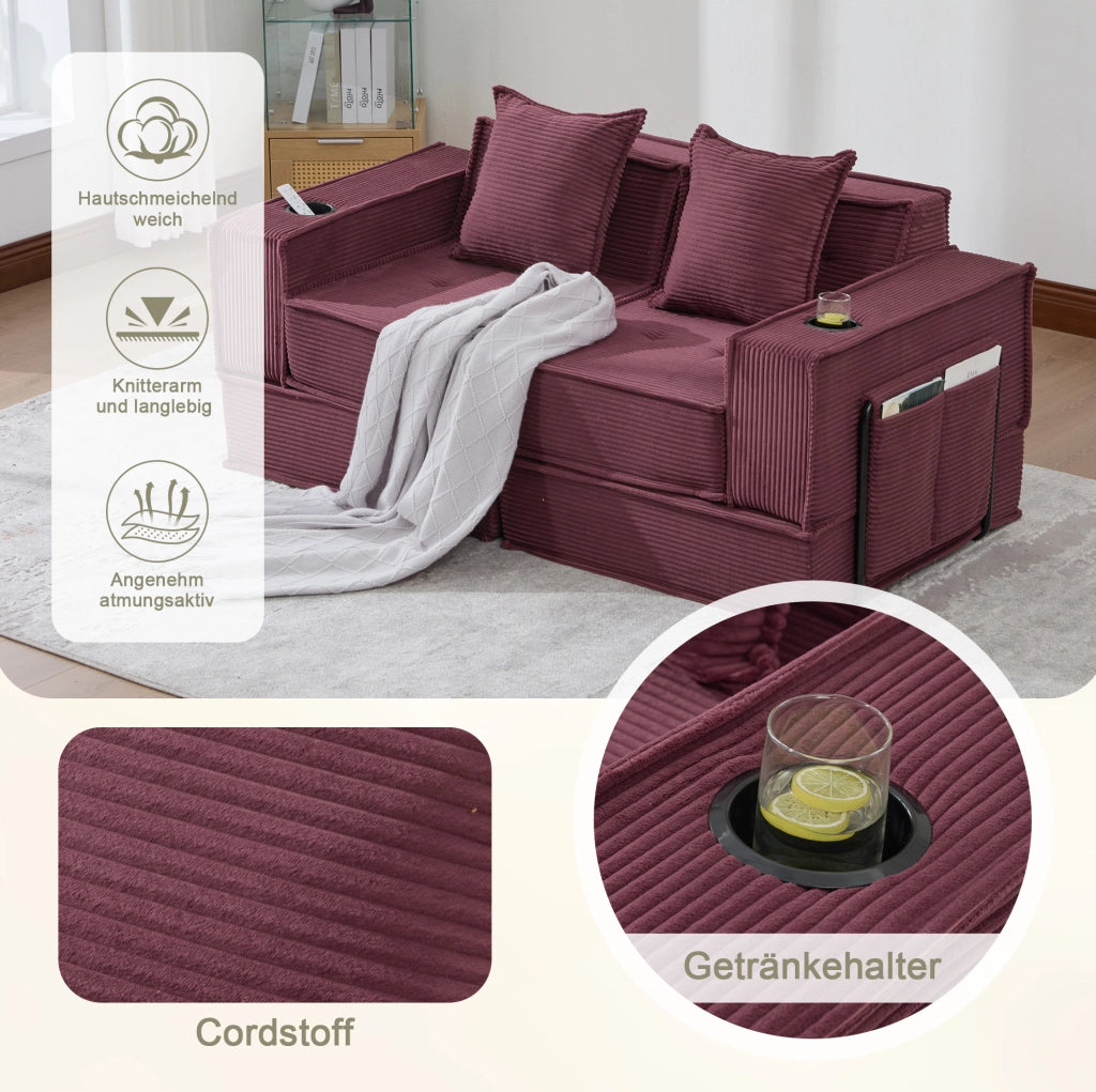 Pouf divano modulare in velluto a coste; 162x78x66 cm; rosso vino