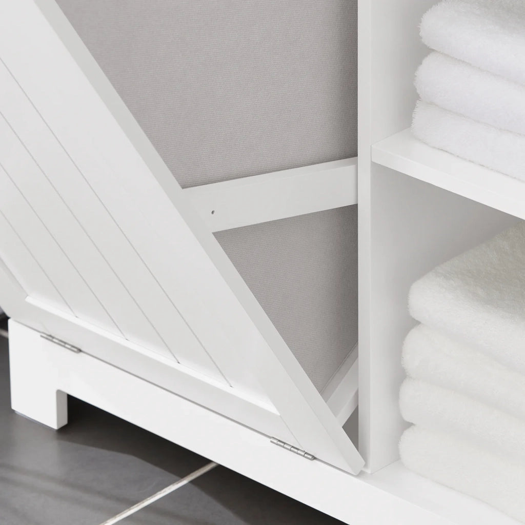 Mobile Alto Con Portabiancheria Apribile Armadietto Da Pavimento Mobile Bagno Bianco 60x37x171cm BZR104-W