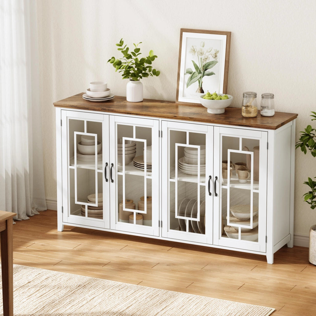 Credenza da cucina 160 cm con ante in vetro, ripiani interni, piano effetto legno e sistema antiribaltamento