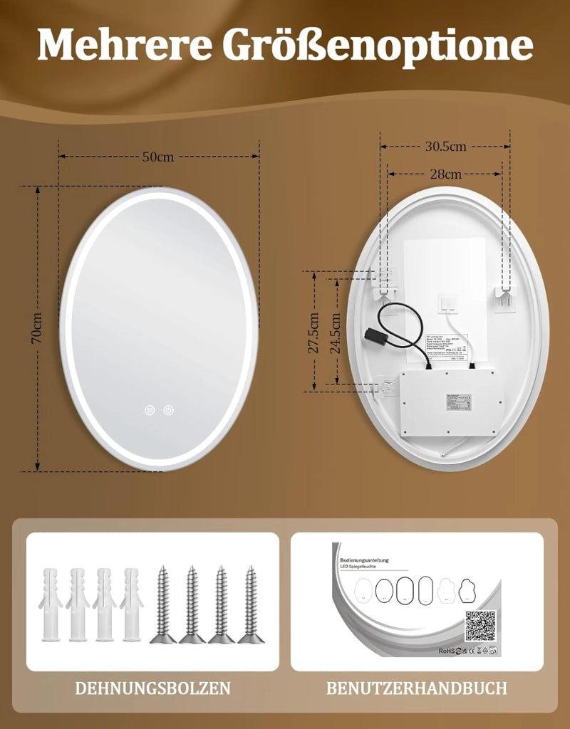 ZMH Specchio da bagno ovale con illuminazione LED 50x70 cm a parete IP44 touch antiappannamento dimmerabile 3000K-6500K