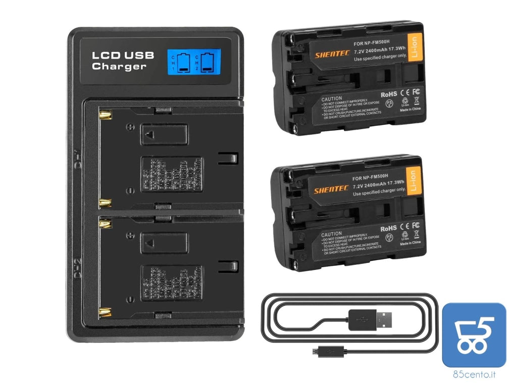Shentec NP-FM500H con 2 batterie & Fast LCD Dual Charger COMPATIBILE camera A57 A58 A65 A77 A99 A500 A550 A560 A580 A700 A850 A900 SLT a99 II