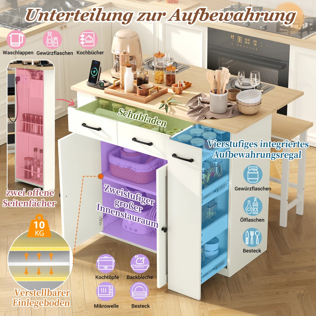 Mobile contenitore con ripiani regolabili; prese e USB per cucina e sala da pranzo in pannello truciolare 120×45-75×96 cm bianco