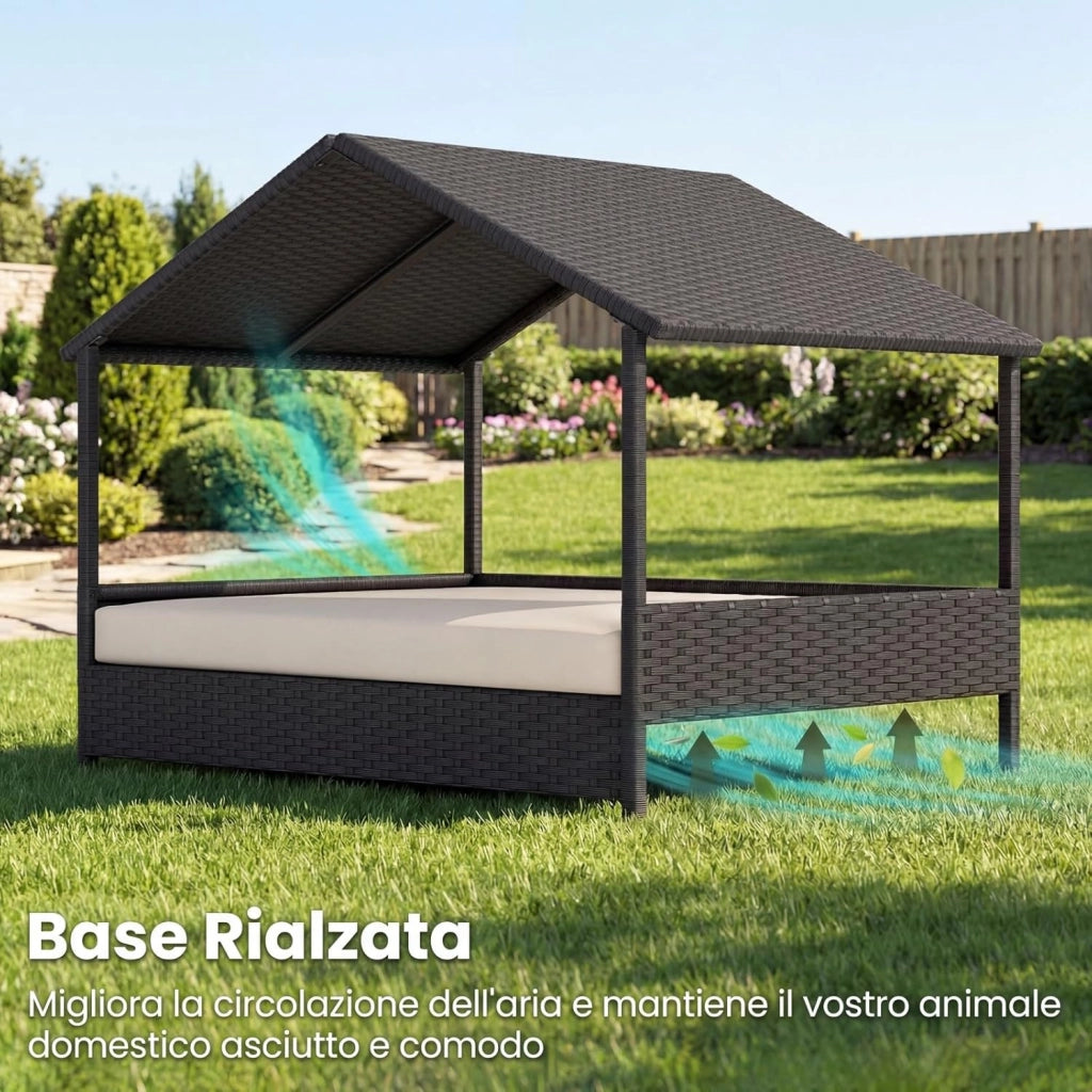 Casetta per Cani da Esterno e Interno, Letto Rialzato in Rattan con Struttura in Metallo, Tetto Impermeabile e Cuscino Rimovibile, per Cani di Taglia Piccola e Media fino a 60 KG (Beige)