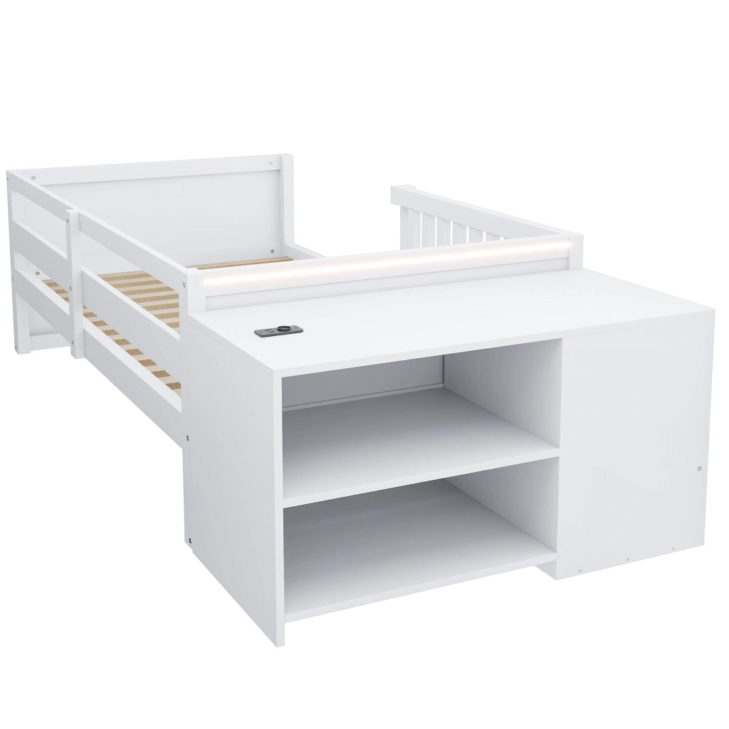 Letto a soppalco singolo 90×200 cm con contenitore; prese; LED; cassetti e ripiani; senza materasso; bianco