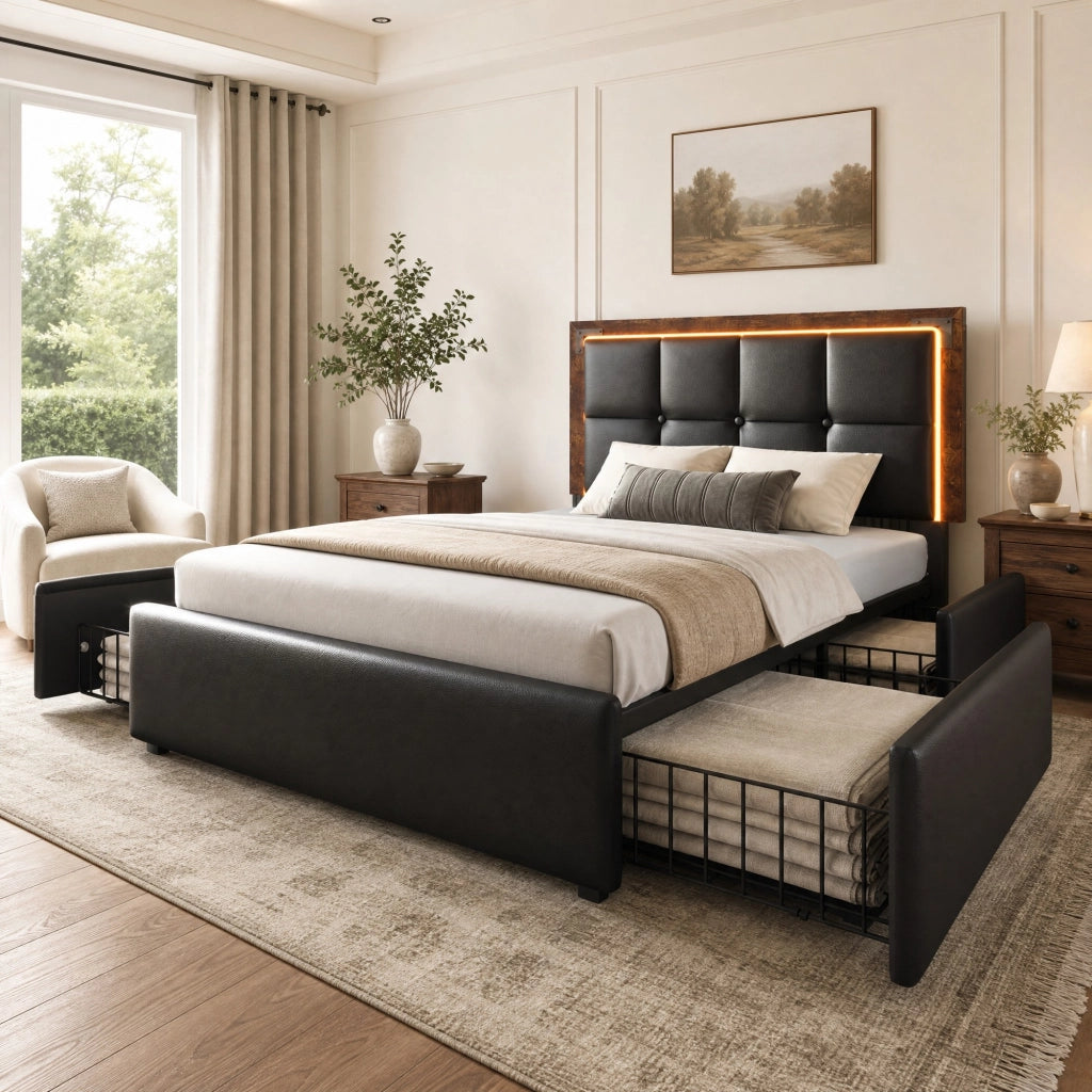 Letto singolo imbottito 90x200 cm in PU nero con LED; testiera regolabile e 4 cassetti