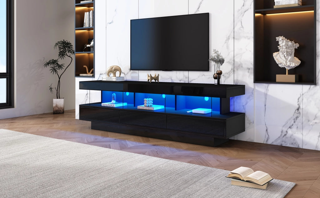Mobile porta TV con 3 vani in vetro, LED con controllo Bluetooth, per soggiorno, nero lucido, 160 × 38 × 50,5 cm