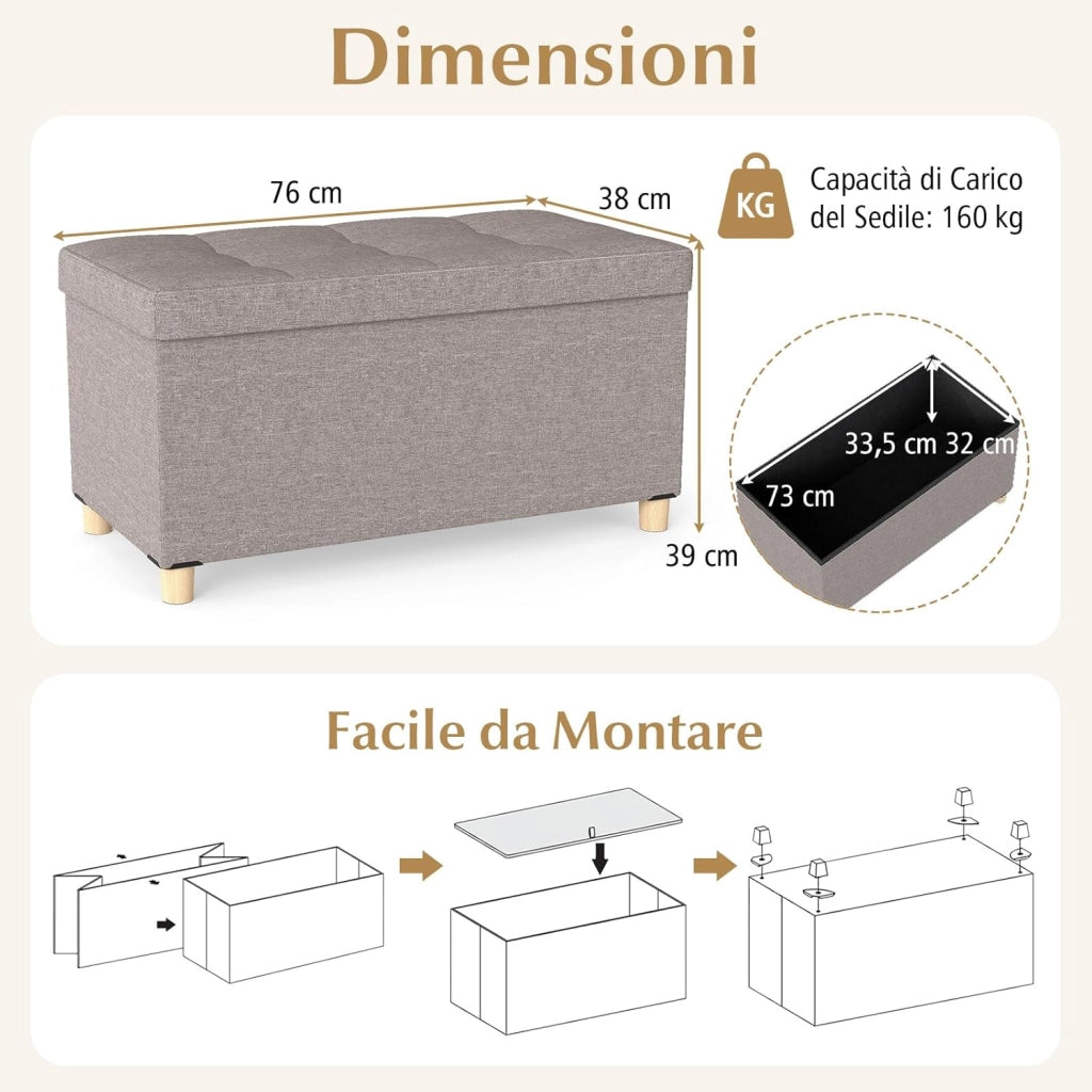 Panca Contenitore da 76 cm, Panca in Tessuto di Lino con Vassoio e Gambe in Legno di Gomma, Cassapanca Imbottita per Spazi Piccoli, Poggiapiedi per Soggiorno, Camera da Letto e Ingresso