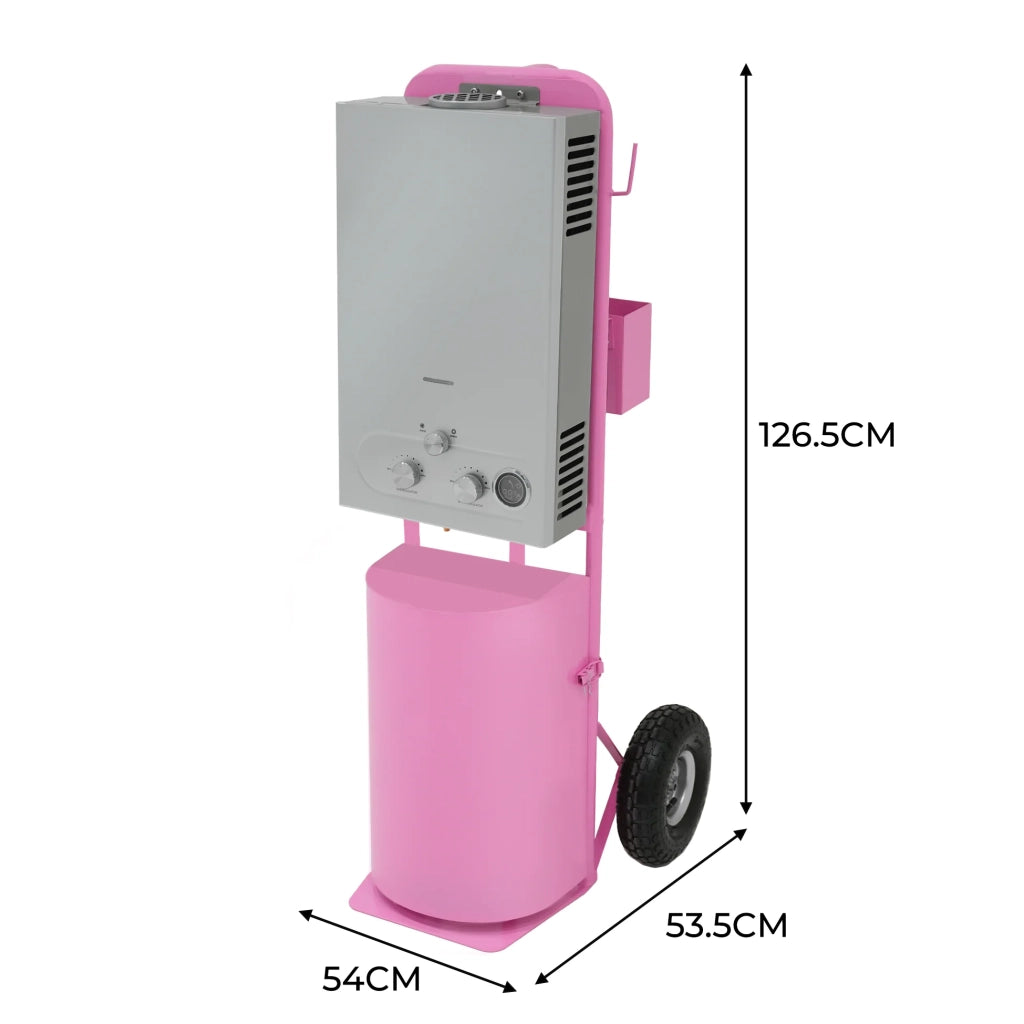 Doccia portatile per cavalli con carrello rosa, serbatoio 18L, tubo 10m.