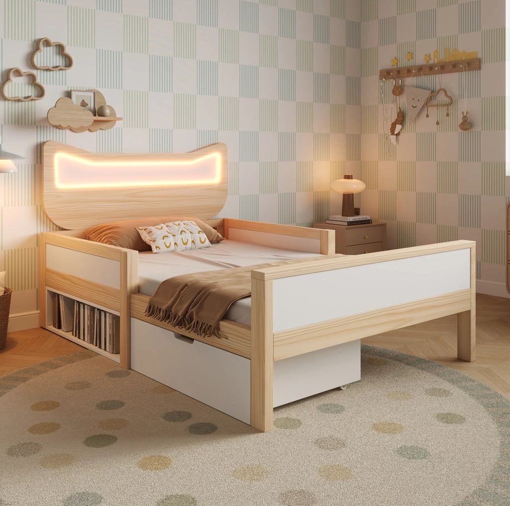 Letto per bambini 90x200 cm con testiera gatto LED e cassetto contenitore