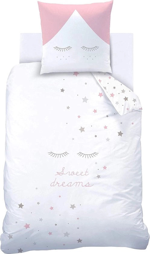 Set di coperte, 135 x 200 cm, coperte per bambina, sogni dolci, stelle e ciglia, cuscino 80 x 80 cm + coperta 135 x 200 cm, 100% cotone
