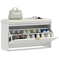 Panca Scarpiera con Ripiano Interno, in Legno e Tessuto Effetto Lino, 80x26x47.5 cm, Bianca e Beige