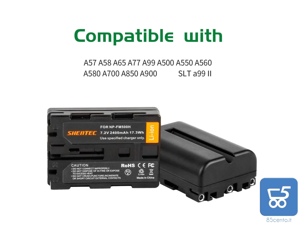 Shentec NP-FM500H con 2 batterie & Fast LCD Dual Charger COMPATIBILE camera A57 A58 A65 A77 A99 A500 A550 A560 A580 A700 A850 A900 SLT a99 II