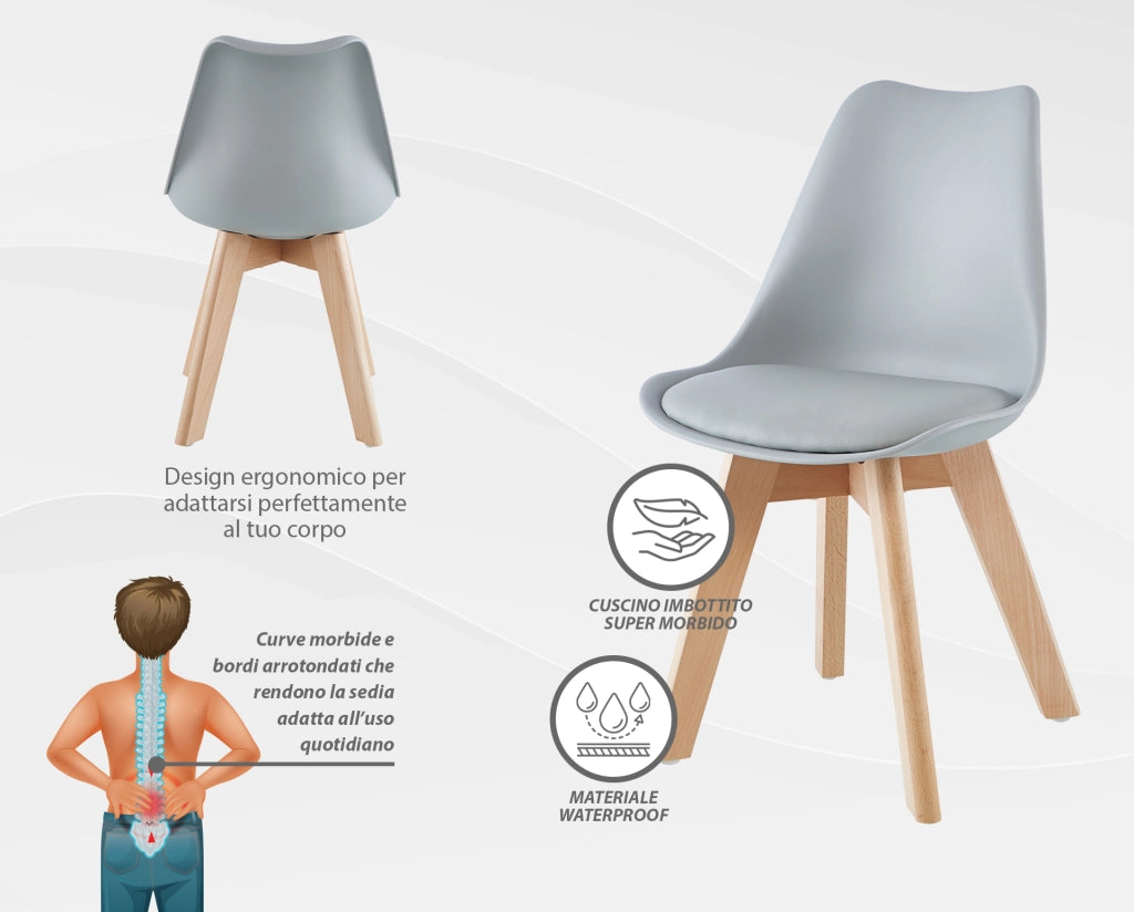 Set 4 Sedie Sala Da Pranzo Ufficio Con Gambe In Legno Di Faggio Schienale Ergonomico Seduta Imbottita In SimilPelle Sedia Cucina Soggiorno Sala Attesa Eleganti Moderne Robuste Solide - Grigio