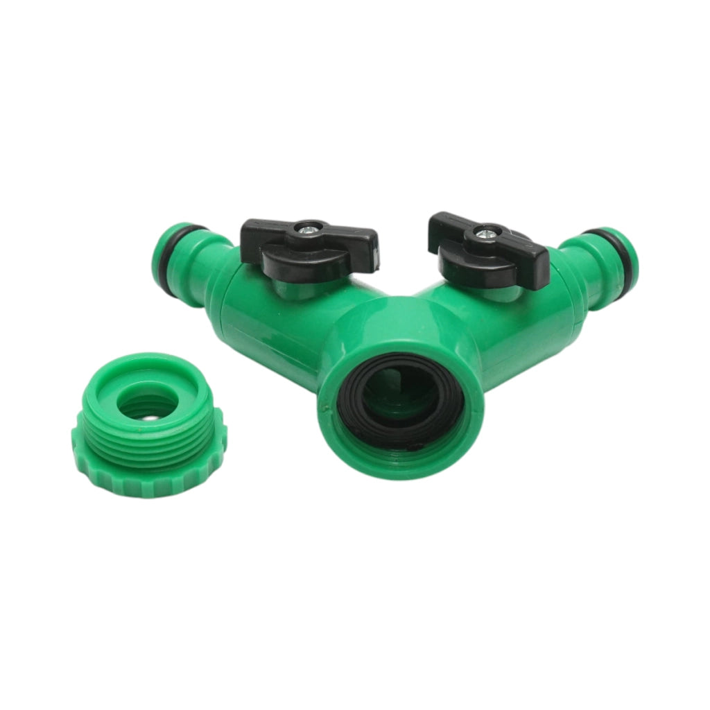 Distributore Y a 2 vie con rubinetti e connettore rapido per tubo da giardino 1/2-3/4