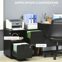 Mobile da Ufficio con 2 Cassetti Porta Documenti e Ripiani, Ruote con Blocco, 80x40x66cm, Nero