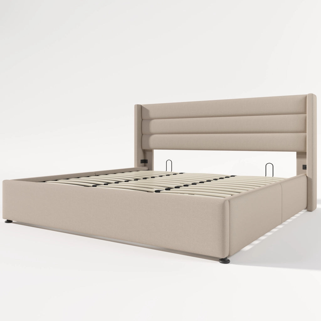 Letti contenitori 180x200 cm; sollevamento idraulico; lino; beige (Senza materasso)