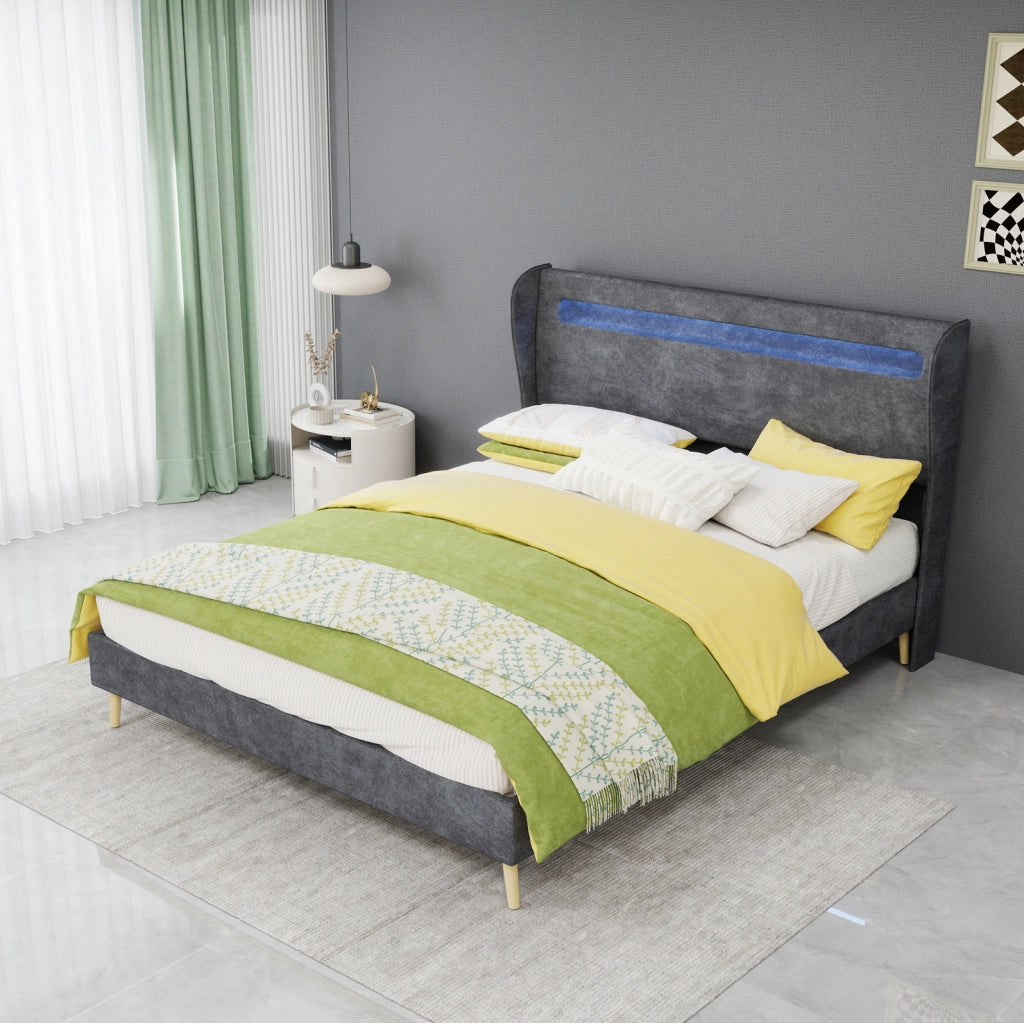 Letto imbottito LED 140x200 cm grigio in tessuto e metallo