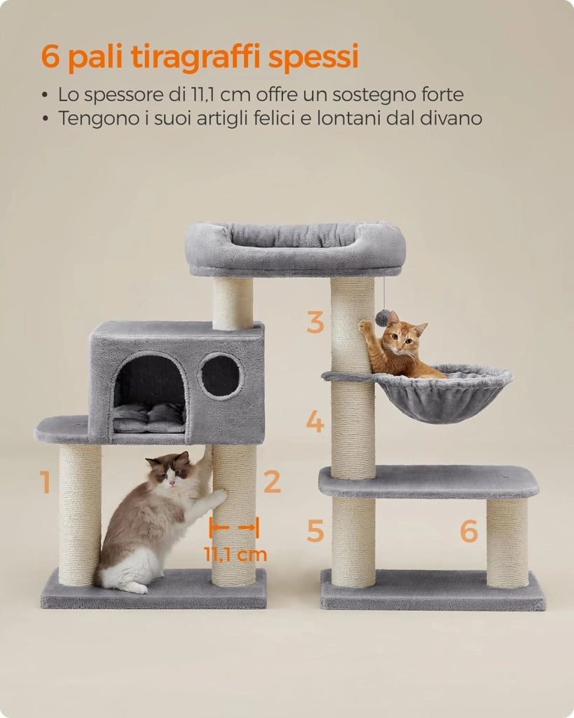 FEANDREA Tiragraffi, Albero per Gatti con Piazzola XXL in Peluche, Ampia Casetta e Cuccia Rotonda, unità Mobile, Spesse Colonne Completamente Rivestite in Corda Sisal, Stabile, Grigio Chiaro PCT01W