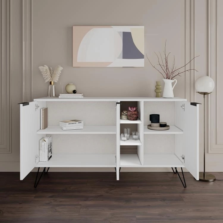 Madia Moderna Credenza 142x83 cm con 3 Ante e Vani a Giorno Zaffiro di Bianco