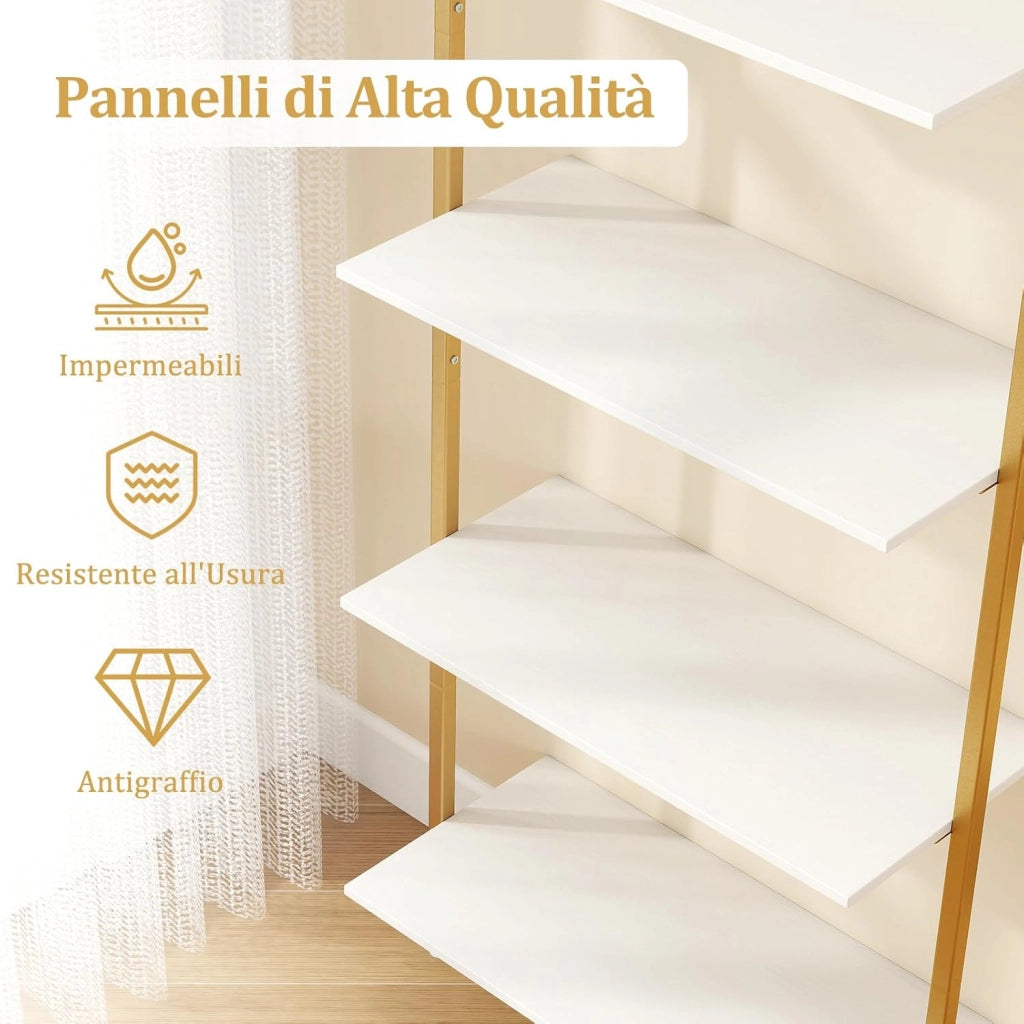 Scaffale a Scala a 5 Ripiani, Libreria da Parete Salvaspazio in Legno Moderno, Scaffale Portaoggetti per Soggiorno, Studio e Camera da Letto, 64 × 30 × 178 cm, Bianco