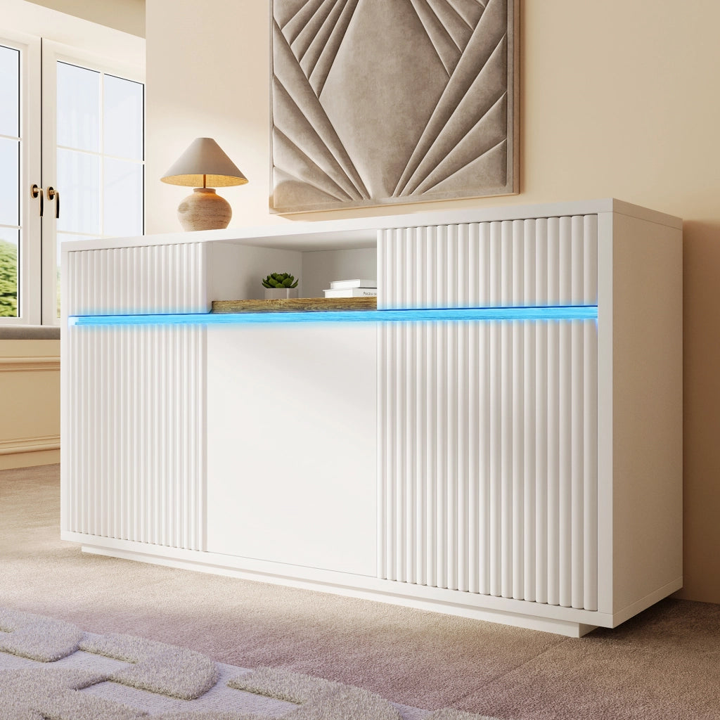 Credenza bianca con LED 2 cassetti 3 ante e ripiani regolabili in MDF e pannello truciolare 140 × 40 × 85 cm