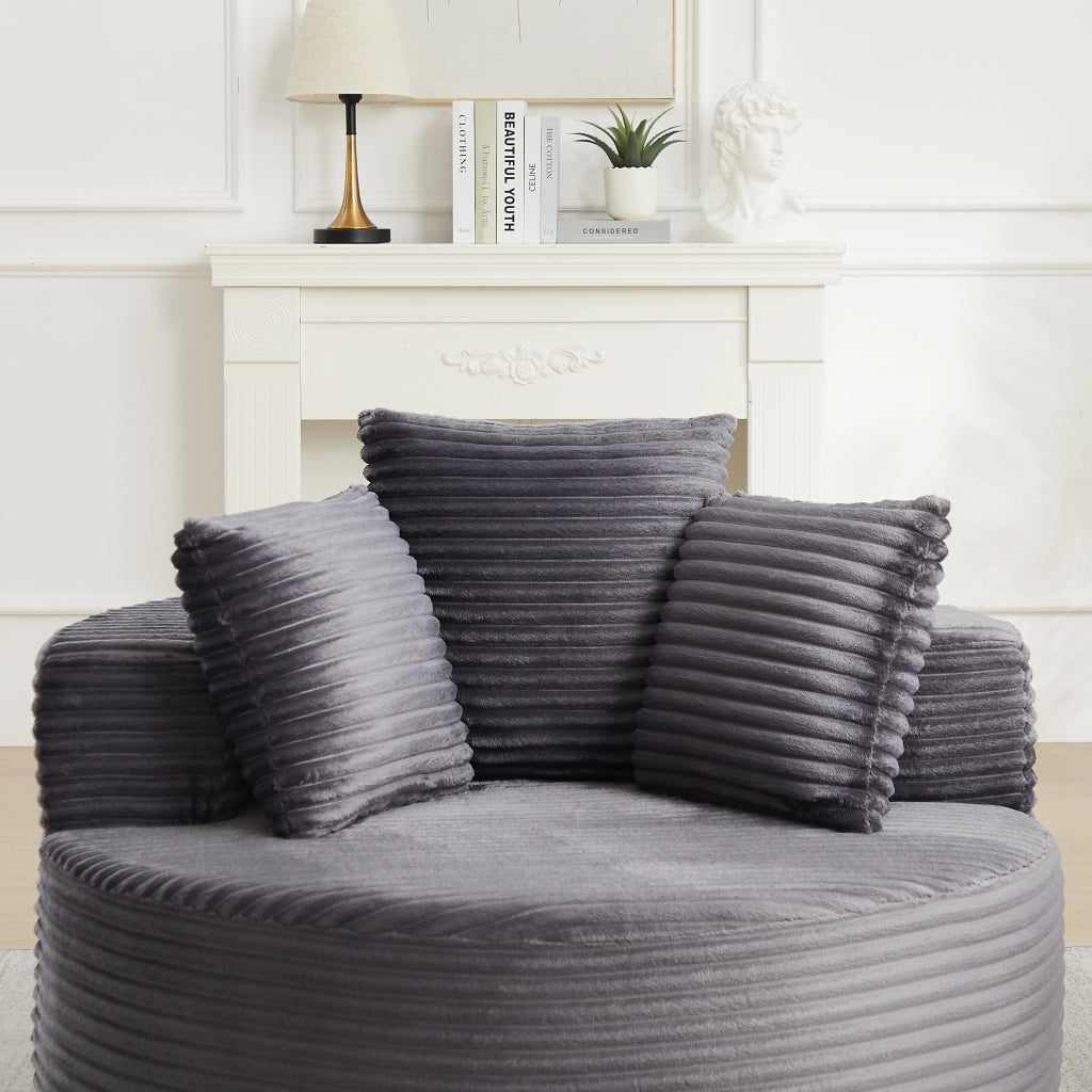 Poltrona lounge rotonda 1 posto - con 3 cuscini e braccioli ampi - in velluto a coste grigio - 110 cm