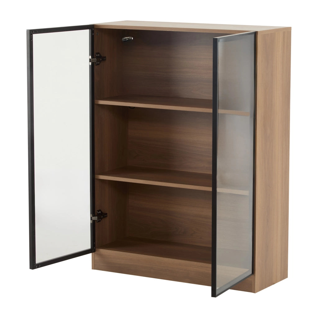 Vetrina in vetro con LED, finitura Natural Walnut, struttura in vetro e pannelli truciolari, 80 x 30 x 106 cm