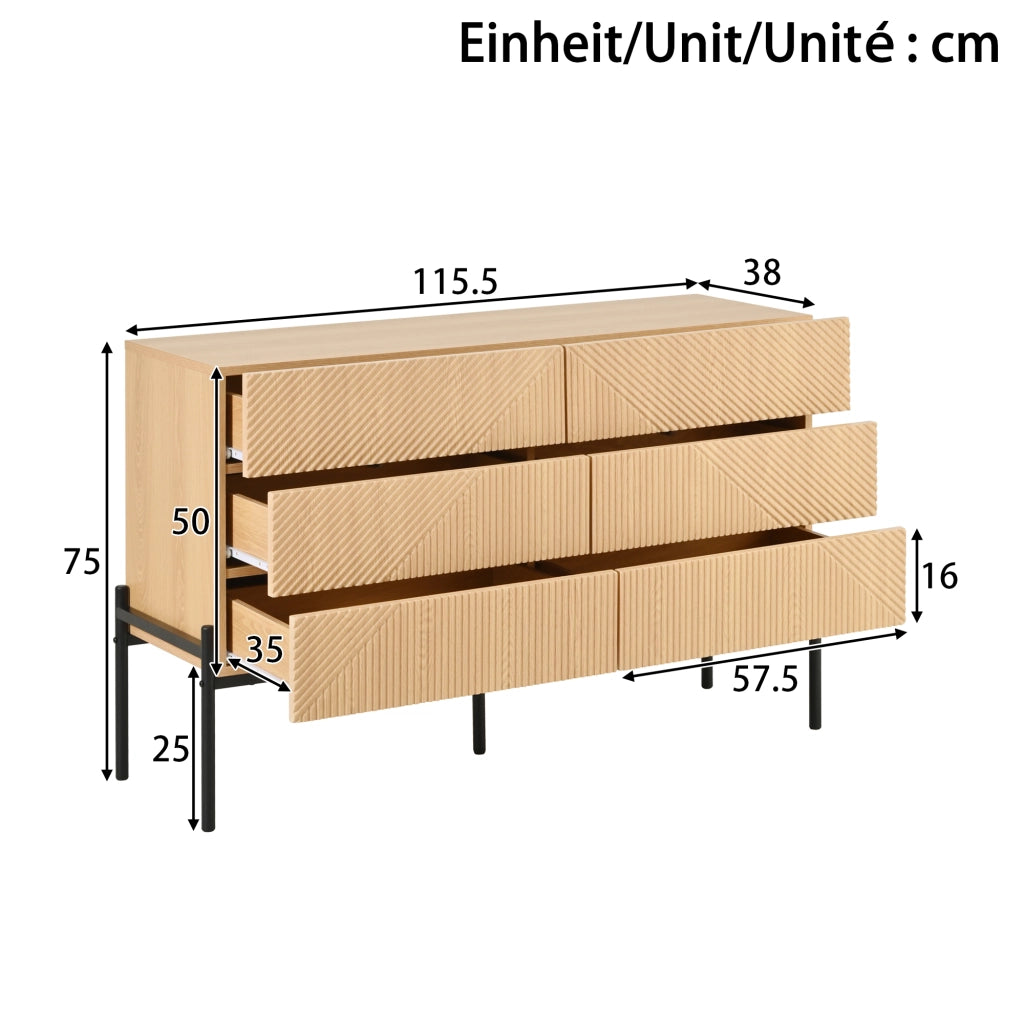 MADIA 115,5x38x75 cm MDF Naturale 6 Cassetti con Gambe in Ferro
