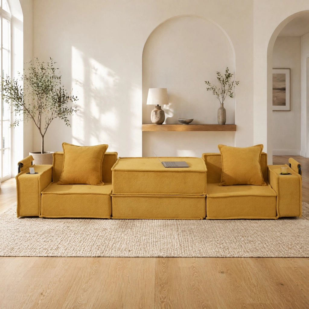 Pouf divano modulare in ciniglia giallo senape 162x78x66 cm con 2 cuscini e tasche laterali