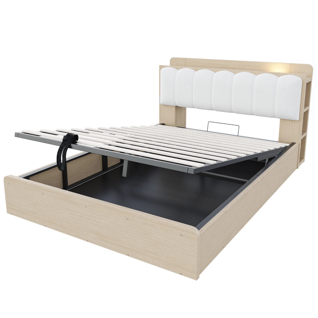 Letto contenitore 140 × 200 cm et 180 × 200 cm con testiera imbottita, USB, luce notturna, senza materasso, naturale