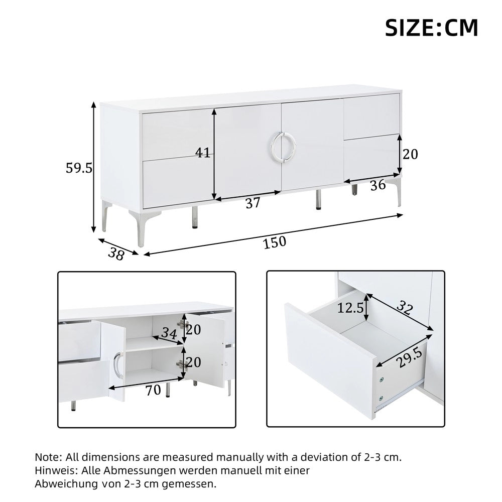Credenza con 4 Cassetti e 2 Ante ¨C MINIMAL ¨C Bianco Lucido MDF 150x38x59.5