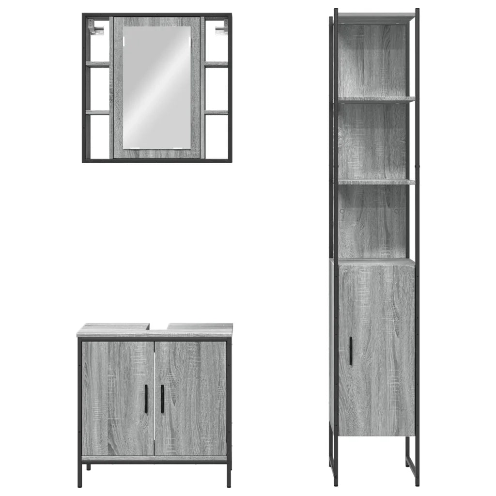 Set Mobili da Bagno | Armadio da bagno 3 pz Grigio Sonoma in Legno Multistrato