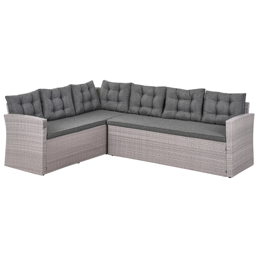 Set da pranzo ad angolo da giardino grigio finto rattan con cuscini divano panca tavolo rettangolare piano in vetro 80 x 145 cm vimini