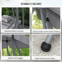 Dondolo Letto da Giardino con Tettuccio Regolabile e Vassoi, in Acciaio e Poliestere, 200x120x164 cm, Grigio