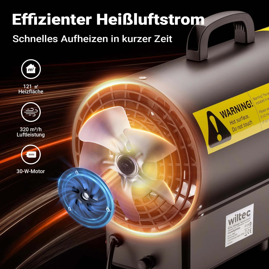 Generatore di calore a gas GPL, 15 kW 30 W 320m³/ora, cannone aria calda con avviamento piezoelettrico, incluso riduttore di pressione del gas per Regno Unito 700 mbar con tubo da 1,5 m