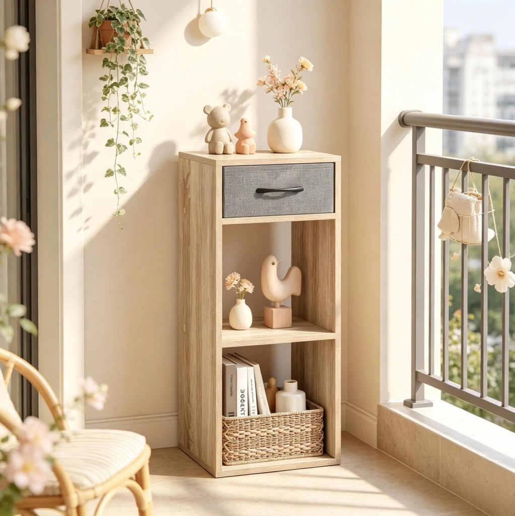 Libreria verticale salvaspazio con cassetto e vani aperti