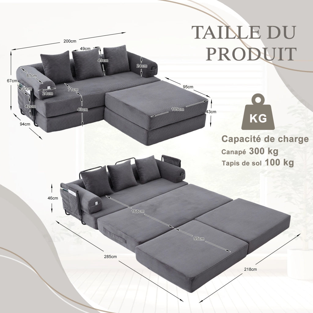 Divano modulare con pouf e tasca laterale - con 3 cuscini - in velluto a coste - grigio scuro