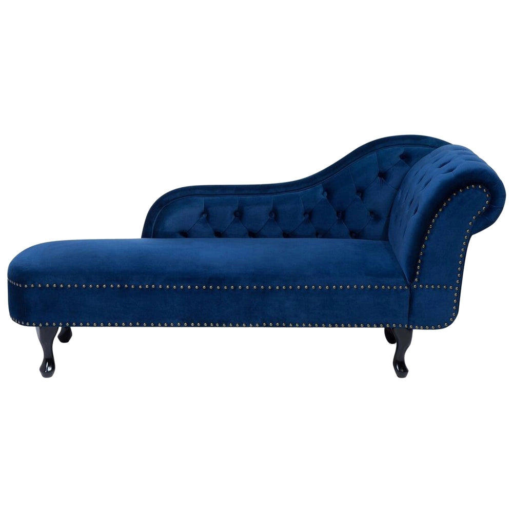 Chaise longue di colore blu versione destra in Velluto abbottonato testa chiodata Stile Chesterfield